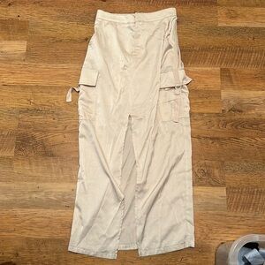 Promesa Light Pink Silk Maxi Cargo Skirt Front Slit EE